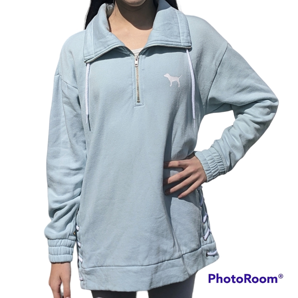 Rare PINK Victoria's Secret Lace Up Pullover Sweatshirt Light Blue Size XS